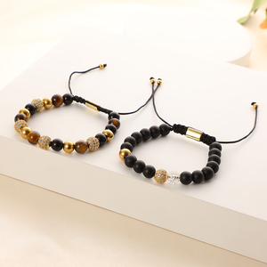 Bracciale Intrecciato a Mano di Alta Qualità con Perline di Strass Incastonate e Pietre Colorate di Occhio di Tigre da 8 mm, Nero Naturale - Product Image 3