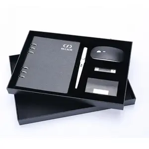 Черный Vip роскошный чехол с визитницей и визитницей, USB флеш-накопитель, беспроводная мышь, блокнот из искусственной кожи, дневник, ручка, подарочный набор с логотипом