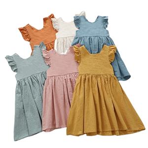 Venta caliente Color sólido Dulce Niñas Vestido Casual Lino Niños Vestido - Product Image 1