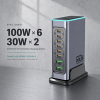 Chargeur de bureau multi-ports électrique GaN 660W, 8 ports USB, USB-C PD 3.0 100W, station de charge rapide pour ordinateur portable, certifié ignifuge