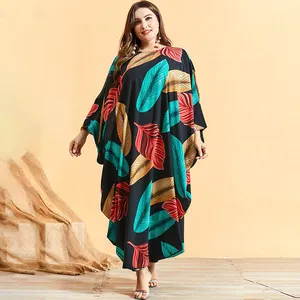 Loose Colourful Leaf Print Bat Sleeve Maxi Plus Size Maxi Long Floral Print Bohemian Algerian Caftan Kaftan Gown Abaya Dresses