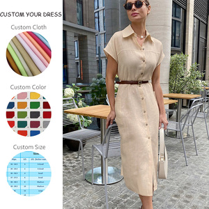 ODM décontracté crayon à manches courtes Maxi long col rabattu bouton ceinture Empire été solide lin coton mélangé chemise robes femmes - Product Image 2