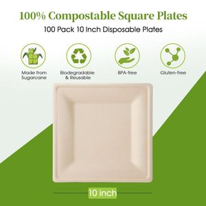 Thân thiện với môi phân hủy sinh học mía bã mía Tấm 10 inch tấm dùng một lần compostable vuông giấy tấm cho bữa tiệc tối - Product Image 3