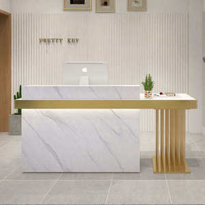 Modern <b>Solid</b> <b>Wood</b> Front <b>Desk</b> Counter Gold-plated Logo LED Light Adjustable Reception <b>Desk</b> for Hotel Gym Hospital Supermarket - Product Image 1