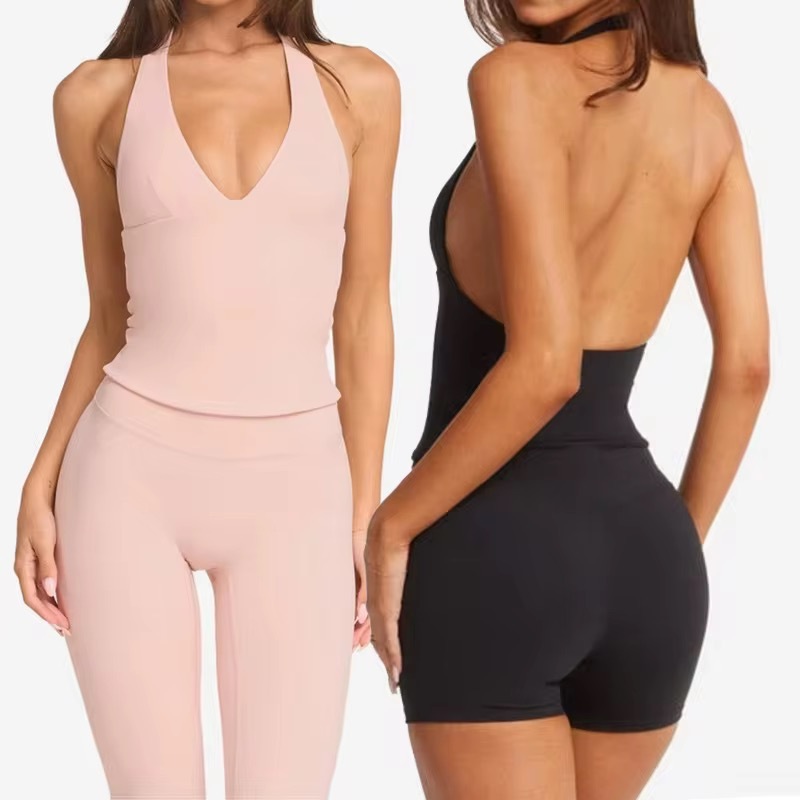 Yoga Vest for Women with Chest Pads V-neck Halter Neck Nude Quick-drying Sports Fitness Tops and Shorts