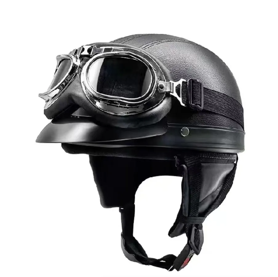 Drop shipping half face Helmet for men motorcycle open face retro helmets with goggles