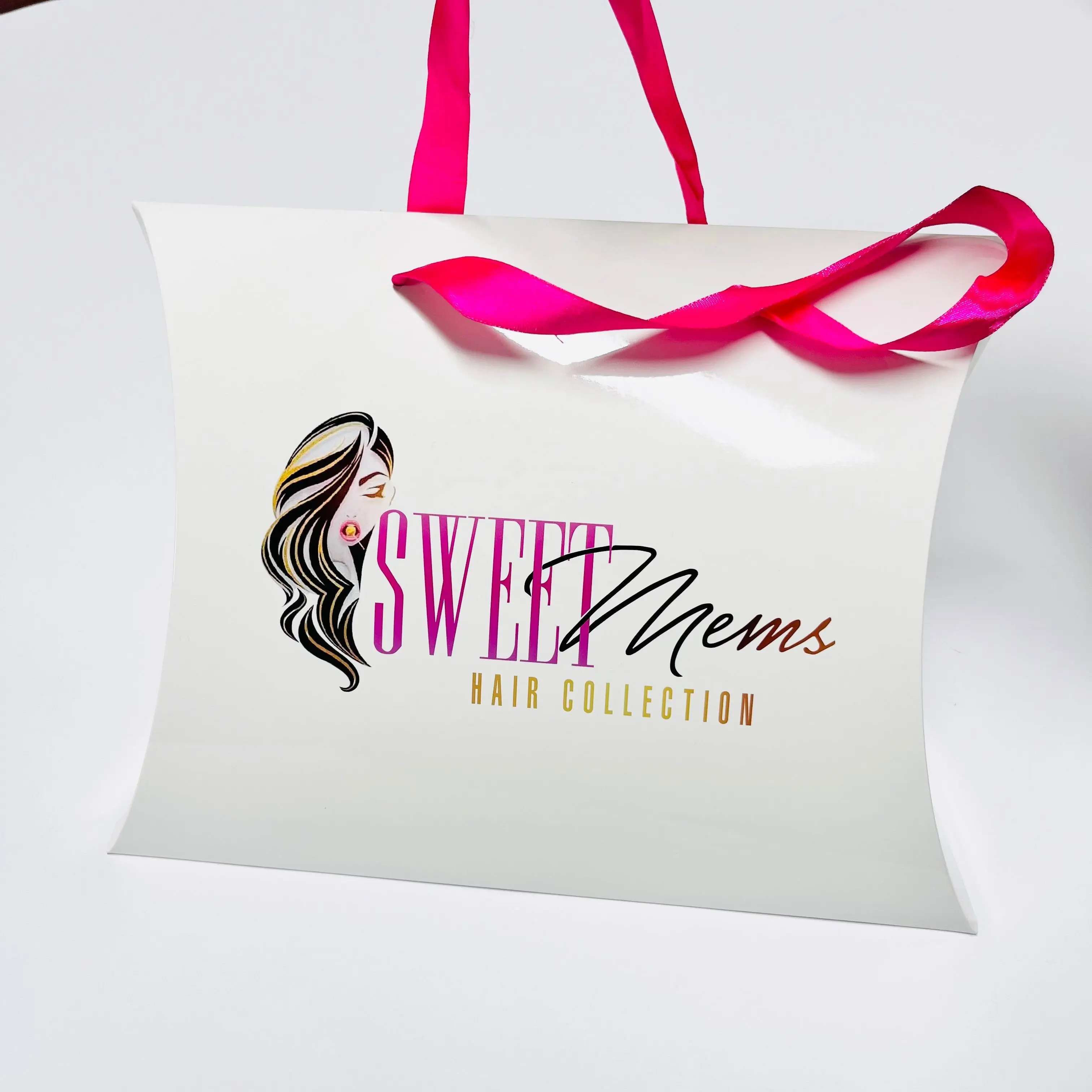 Custom shiny glossy black pillow shape box with white logo for gift bundle hair packaging box
