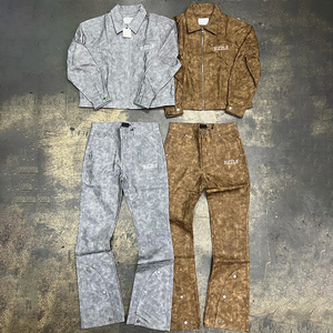 Faux Suede Jacket Set Custom Designer High Quality Unisex <b>Leather</b> Suede Jacket And Stacked <b>Pants</b> Two Piece Jogging Suit <b>Men</b> - Product Image 2