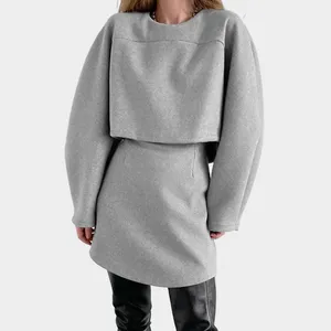 冬季羊毛时尚a字裙裁剪上衣女性两件套定制标志长袖宽松t恤和裙子女性休闲套装