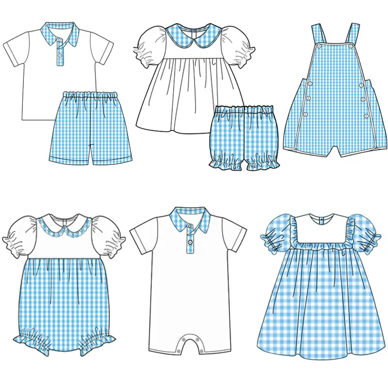 cotton summer girls clothing set blue plaid smocked dress romper two piece outfits set little girl's outfit