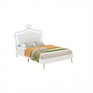 Db Modern Twin Size <b>Platform</b> <b>Bed</b> <b>Frame</b> White Upholstered Crown Headboard Led Lights Princess Style - Product Image 1