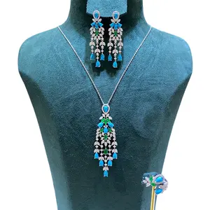 019788 Cubic Zirconia Pendant Jewelry Set for Women Dubai Charm Turquoise Necklace Sets Party Wedding Jewelry Accessories