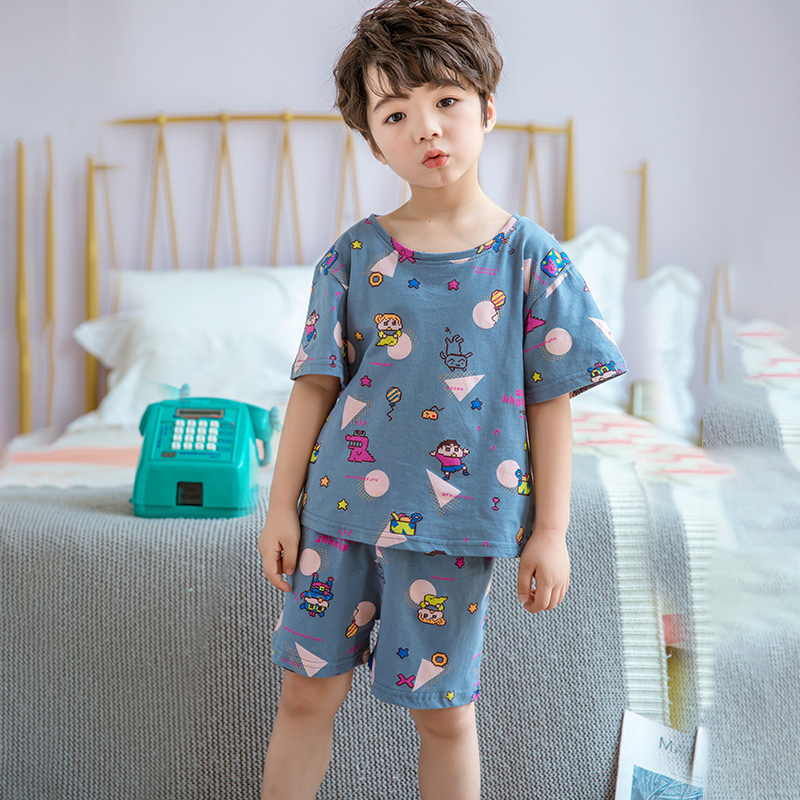 Летняя Детская Пижама с коротким рукавом, 100% хлопок, домашний костюм для мальчиков, костюм для кондиционера, пижама для маленьких мальчиков