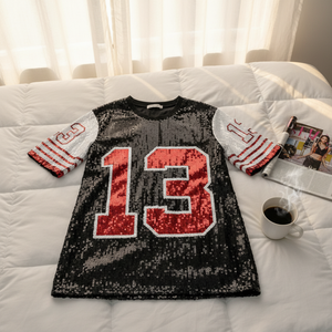 New Design Women's Glitter <strong>Sequin</strong> Jersey Eco-Friendly 3D Embroidery Letter Print Dress Number 13 Half Sleeve Loose <strong>Top</strong> <strong>Party</strong> - Product Image 4