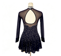 Robe de patinage artistique noire à col montant, manches longues, dos ajouré en maille, ornée de strass, pour adultes et enfants