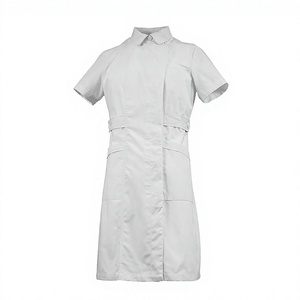 Robe d'uniforme d'infirmière pour femme, manches courtes, en coton tissé blanc, tenue de travail hospitalière, vue avant, arrière et latérale - Product Image 4