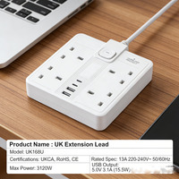 Multiprise standard britannique - 4 prises AC, 4 ports USB, 13A, 3120W. Idéal pour les chauffe-eau, les armoires de désinfection et les appareils électroménagers.