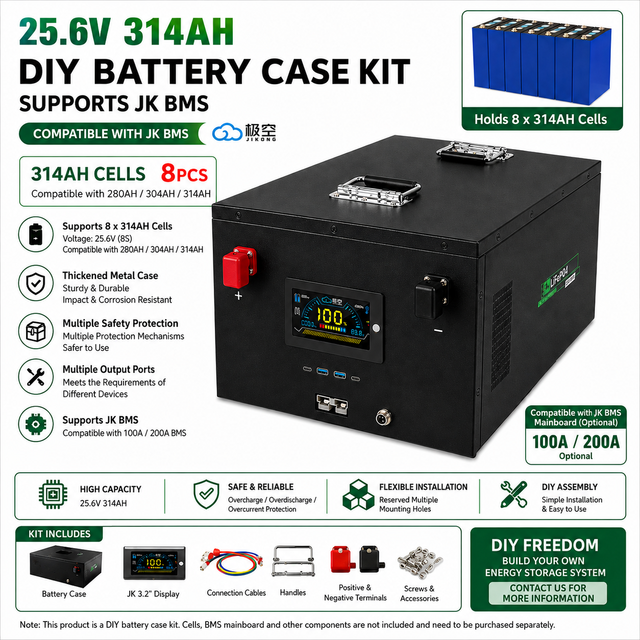 EYUN 8S Lifepo4 Box 25.6V/300AH/314AH JK BMS DIY Kit Home Solar Storage Battery Kits Bluetooth Support EVE MB31 Battery Cell