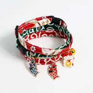 Entzückendes Chirimen-Katzen halsband mit Glücks glocke, hand gefertigtes Druck halsband im japanischen Stil für Kätzchen Halloween Christmas Etc - Product Image 5