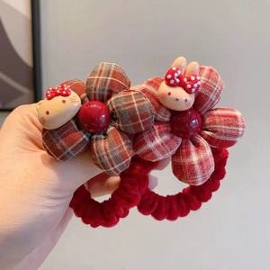 Best-selling new style red plaid flower hair <b>ring</b> children's autumn and winter head rope cute <b>cartoon</b> - Product Image 6