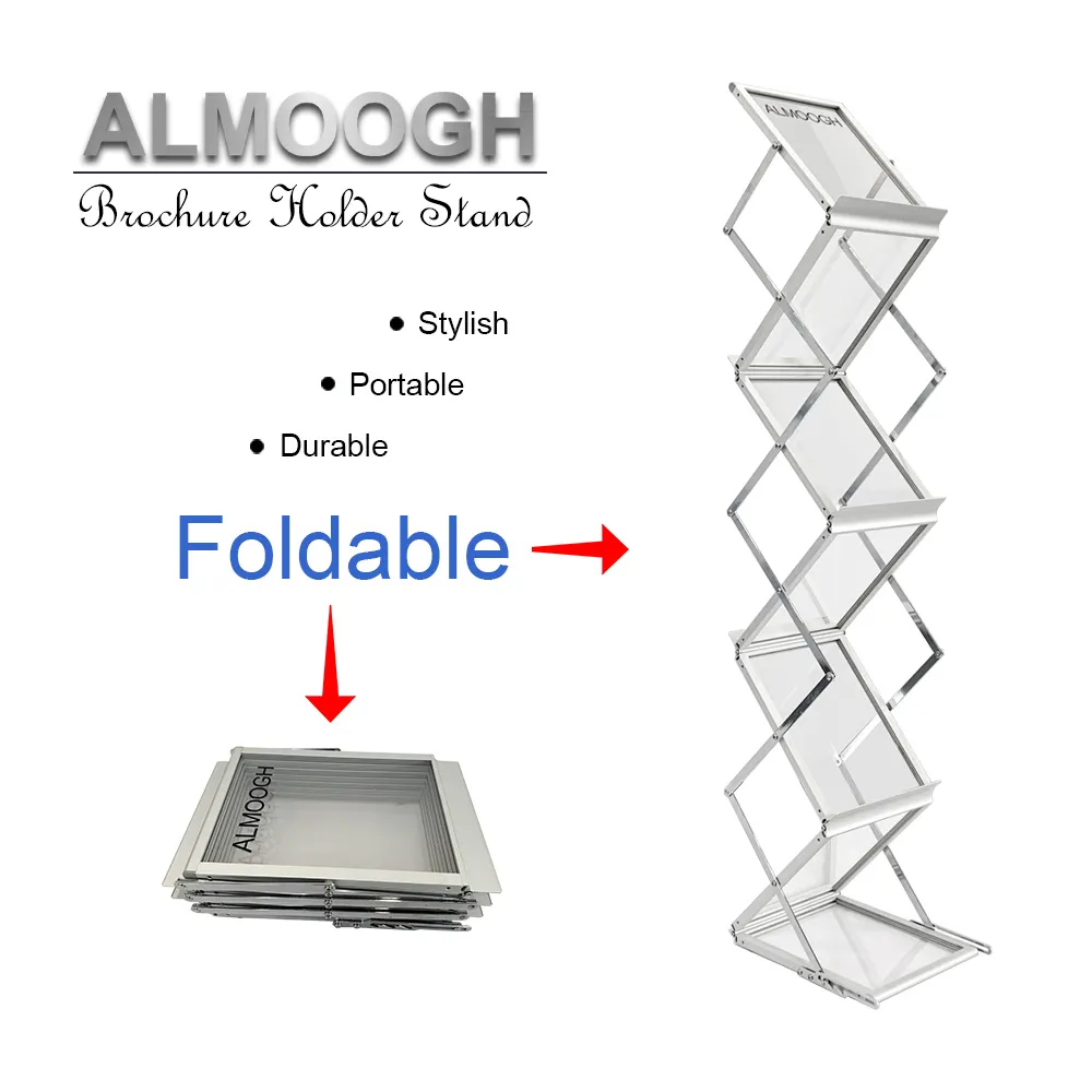 Almooghプロモーションアルミフレーム折りたたみカタログホルダー展示ディスプレイパンフレットスタンドポータブルパンフレットホルダースタンド