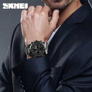 Montre numérique à mouvement quartz Skmei 1389 pour homme, bracelet en acier inoxydable, double fuseau horaire, chronomètre, LED, étanche, décontractée, montre de bureau - Product Image 3