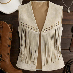 Wholesale New Western Cowgirl Faux Suede Sleeveless Vest Metal Rivet Fringe Open Front Slim Vintage Ethnic Layering <strong>Waistcoat</strong> - Product Image 1