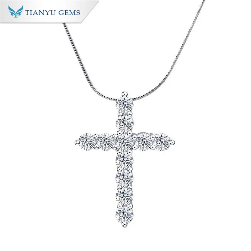 Tianyu gems pure white gold material moissanite diamond cross pendant necklace