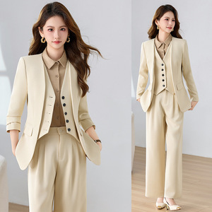 Women's Apricot Business Suit Set Solid Color Polyester Wool Blend Autumn Winter Workwear Formal Wear - Product Image 1