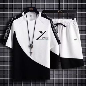 Ensemble de survêtement décontracté en tricot gaufré pour adolescents, tendance estivale, couleur contrastée, manches courtes, short, tenue élégante et tendance - Product Image 1