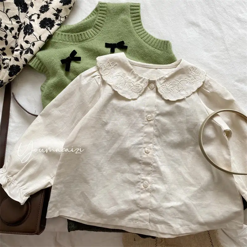 Đồng Bằng Màu Trắng Trẻ Em Mùa Xuân Áo Sơ Mi Cổ Điển Thêu Cotton Dài Tay Áo Toddler Tops Trống Trẻ Em Cô Gái Áo T Áo Sơ Mi