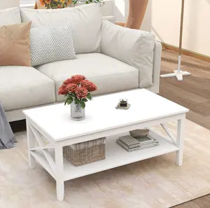 Table basse blanche en bois massif avec pieds épais, table basse en bois noir avec rangement pour le salon
