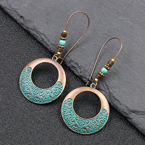 Boucles d'oreilles pendantes vintage en alliage, plaqué bronze antique, incrustation turquoise, bijoux de mode pour femme, design circulaire, boucles d'oreilles statement - Product Image 3