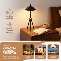 Lampe de table LED décorative d'extérieur pour bistrot, trépied métallique personnalisé en usine, variateur tactile 3 niveaux, fonctionne sur batterie 5200 mAh