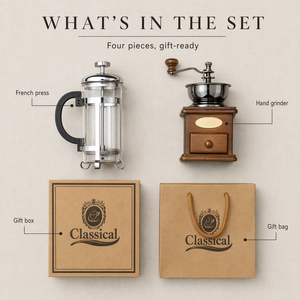 เครื่องบดกาแฟไม้แบบโบราณพร้อมลิ้นชักและชุดเครื่องชงกาแฟเฟรนช์เพรสแบบมือหมุน แผ่นทองเหลืองสไตล์เรโทร ของขวัญสำหรับบาริสต้าที่บ้าน - Product Image 5