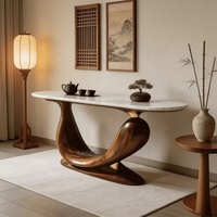 Meuble d'entrée moderne pour maison/hôtel, console en bois massif brun, base ondulée irrégulière de style nordique, plateau noir artisanal
