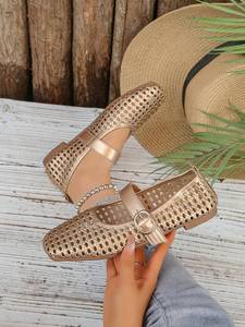 Zapatos Planos Mary Jane Dorados para Mujer, Diseño Calado, Retro, con Correa en el Tobillo, Forro de Malla Transpirable, Suela y Entresuela de PU - Product Image 2