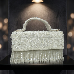 Sac de soirée élégant fait main de luxe de haute qualité avec perles, franges en cristal et poignée anneau pour fêtes et mariages, provenant d'Inde - Product Image 3