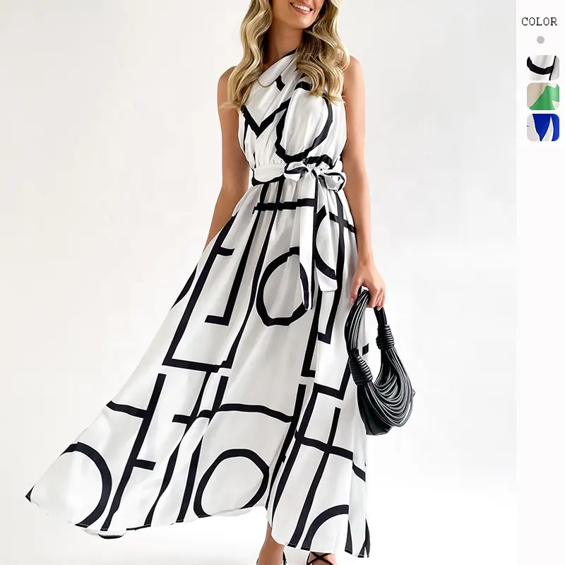 ストリートウェア夏の女性カジュアルセクシーな幾何学的な印刷斜めの襟ノースリーブドレス