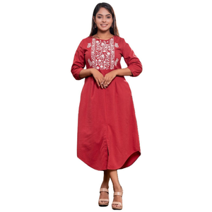 Vestido Midi Elegante de Lino con Bordado Floral y Dobladillo Curvo, Rojo, Duradero y de Primera Calidad, al por Mayor - Product Image 3