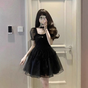 Black Puff Sleeve Dress For Women Fitted Waist Mesh Strapless Party Casual Short Skirt Solid Color Elegant Princess Style - Product Image 5