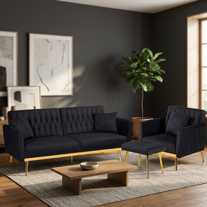 Modern Tufted Velvet <b>Sofa</b> Set Black with Gold Legs 2 Seater <b>Wood</b> <b>Frame</b> Recliner Square Shape Living Room Furniture Futon - Product Image 2