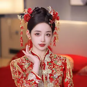 HY Hera novo chapéu de noiva artesanal chinês vestido de dragão Hanfu grampo de cabelo passo agitação acessórios de cabelo cabeça Xiuhe