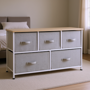 Comò orizzontale 40 pollici con 5 cassetti in tessuto, struttura in acciaio, organizer per camera da letto, design minimalista - Product Image 2
