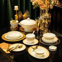 Service de table en porcelaine fine Gold Europe, résistant à la chaleur, compatible lave-vaisselle et four, motif feuille de lotus, facile à nettoyer, pour la maison, les banquets, les mariages, idéal comme cadeau.