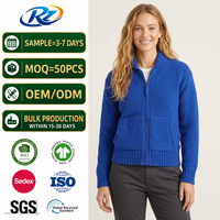 Damen Stehkragen-Strickjacke aus Atmungsaktiver Baumwolle mit Reißverschlusstaschen, Schwere Warme Winteroberbekleidung