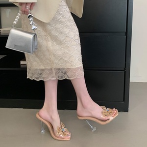 Sandales d'été à talons originaux pour femmes, avec strass, bout carré, chaussures de soirée transparentes - Product Image 4