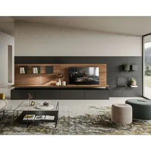 Unité murale de style européen meuble TV design moderne meuble TV mural meuble TV intelligent en placage de bois en forme de L