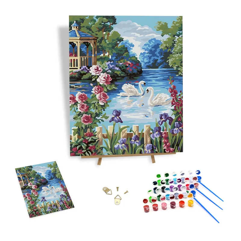 Pintura de paisagem por números para jardim lago cisnes DIY pintura por números sem moldura