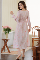 Robe de pyjama longue à manches longues en satin tissé floral style français, col en V, pour femme, nouvelle collection printemps, douce et féerique, mi-longue